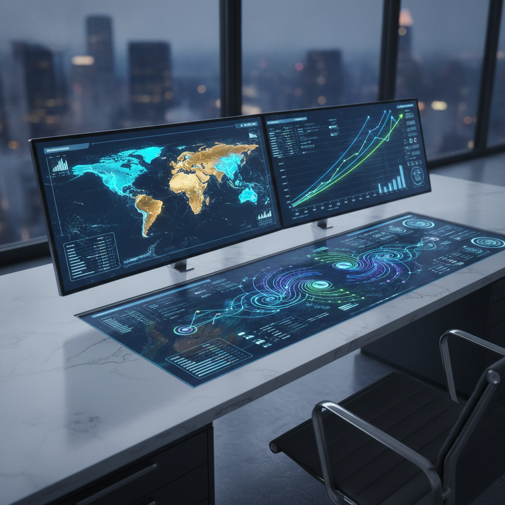 Dual monitors and a desktop display complex data visualizations of a world map and growth charts, representing Opportunity Finding services in Fairmount, CO.